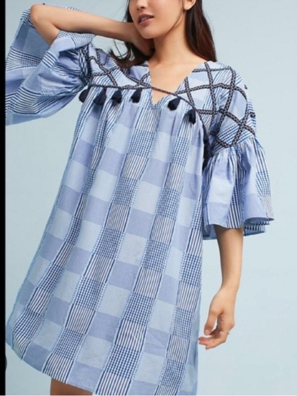 Maeve Blue Checked Shift Dress with Embroidered Trim